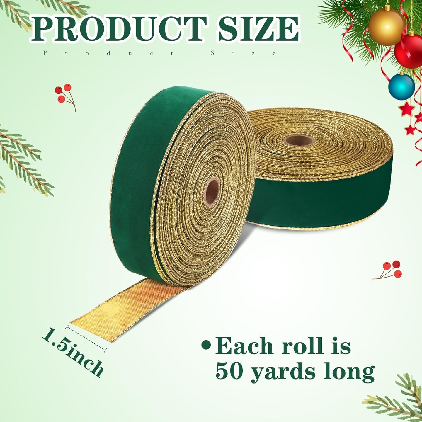 2 Rolls Christmas Velvet Ribbon Wired Gold Edge Ribbon Xmas Ribbon for Gift Wrapping Christmas Tree Wreath Bows Crafts Decor, Total 100 Yards(1.5 Inch x 50 Yard)