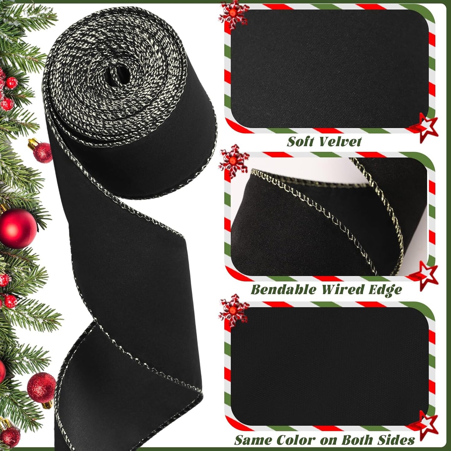 2 Rolls Christmas Velvet Ribbon 2.5 Inch 20 Yards Xmas Velvet Wired Ribbon with Gold Edge for Christmas Tree Decorations Wreath Bow Making (Black)