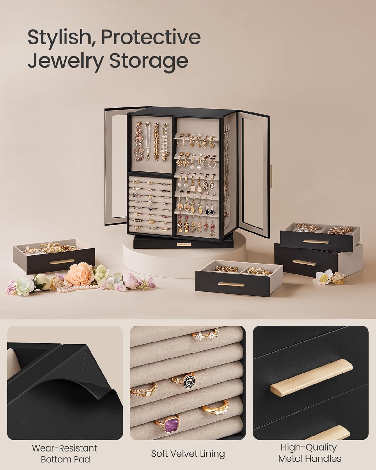 Jewelry Box 360&#xB0; Rotating, Jewelry Storage Case with 7 Drawers, Jewelry Organizer, Glass Window, Spacious, Vertical Jewelry Storage, Open Design, Christmas Gift, Ink Black UJBC201B01