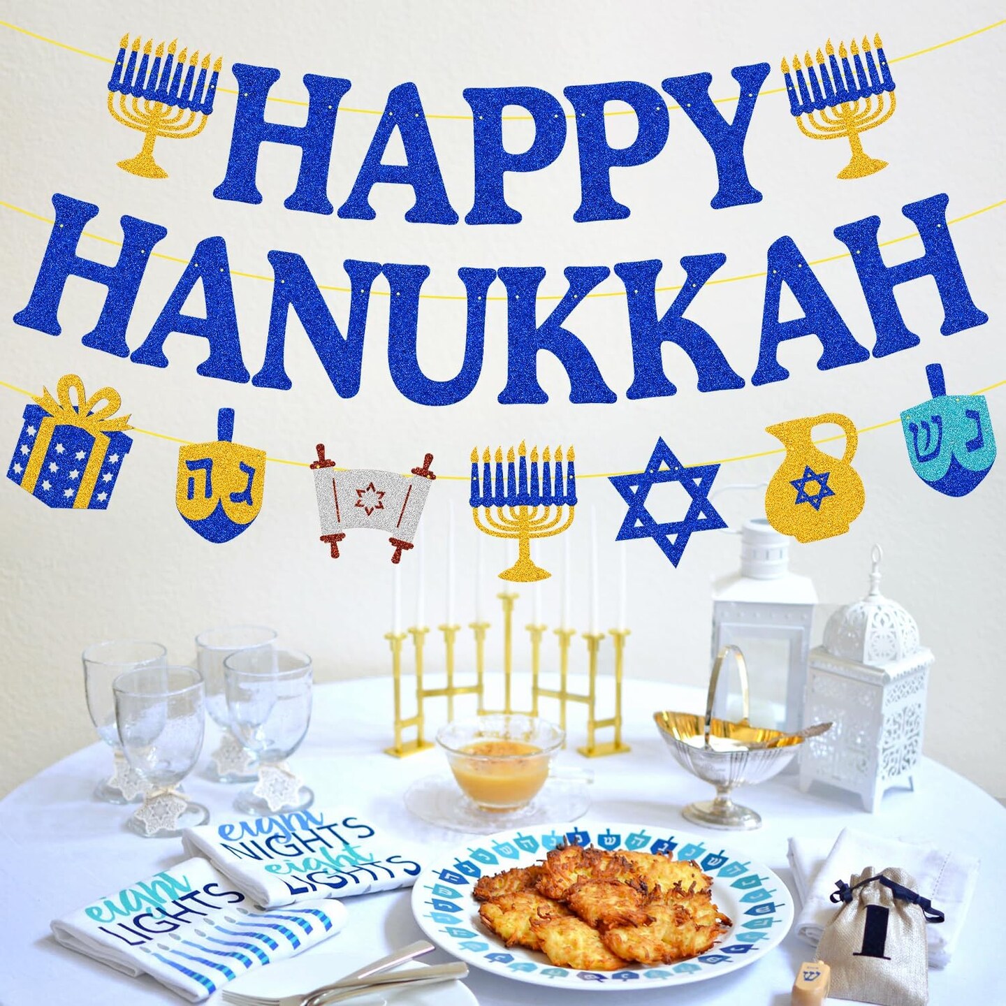Happy Hanukkah Banner Chanukah Hanukkah Holiday Theme Garland Chanukah Festival Party Decorations Glitter Blue Jewish Christmas Party Supplies