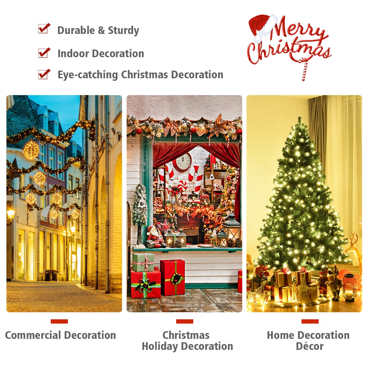 Costway 7Ft/7.5Ft/8Ft Pre-Lit PVC Christmas Tree Hinged 300/400/430 Lights