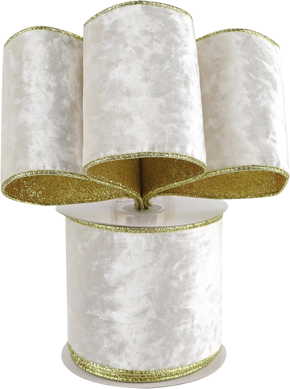 Ivory Velvet Wired Ribbon 4 inch White Velvet Ribbon with Glitter Gold Christmas Ribbon for Christmas Tree Decorations, Wreaths, Garlands, Large Bows, Home Decor- Continuous 10 Yards