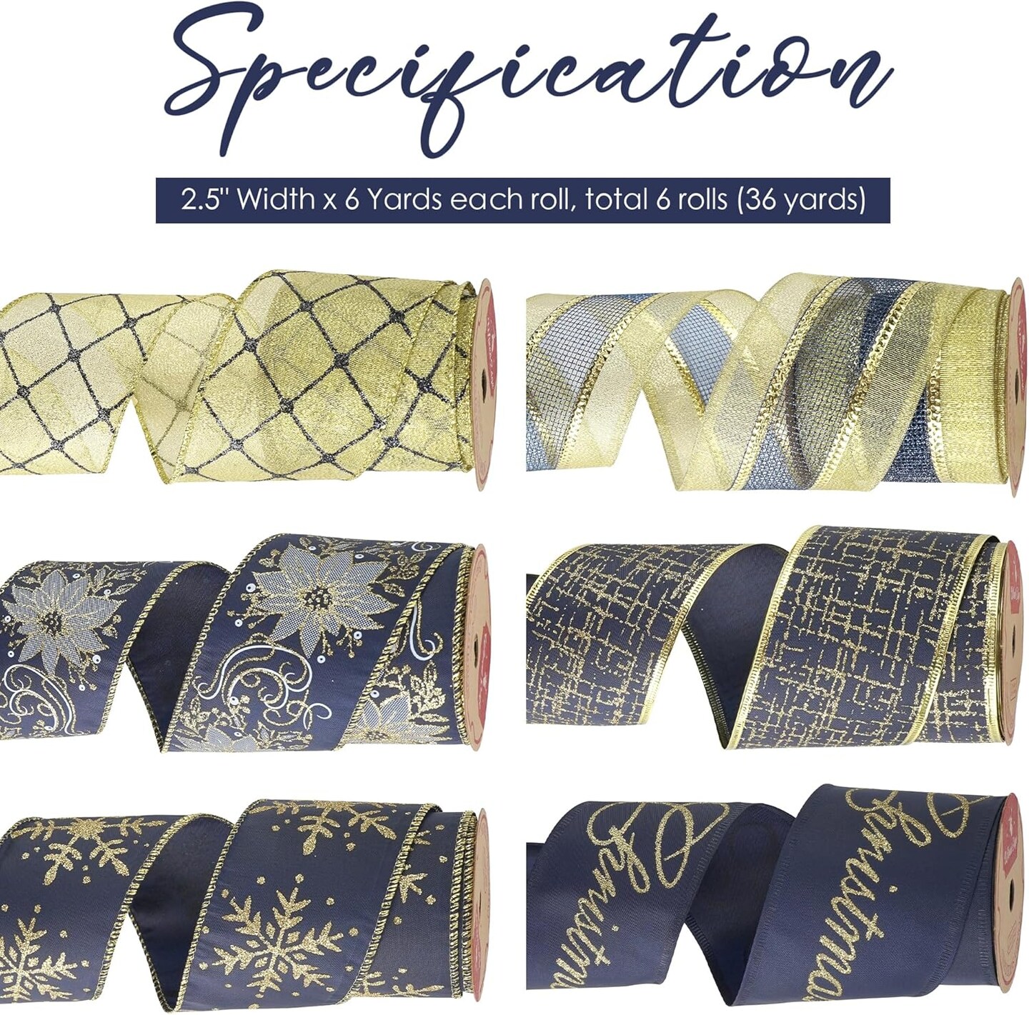 Navy Blue Wired Ribbon for Christmas Tree Blue and Gold Christmas Ribbon Wired Navy Ribbons for Bows, Wreaths, Garlands, Gift Wrapping Crafts, Home Decorations (2.5&#x22; x 6 Rolls, 36 Yds Total)