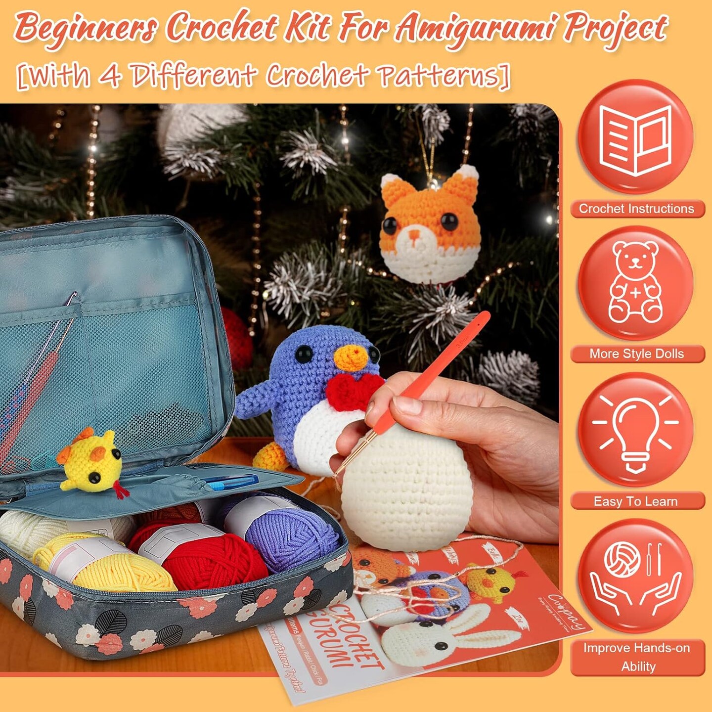 Crochet Kit for Beginners Kids Adults - Cute Penguin, Chicken, Rabbit &#x26; Fox, Complete Crochet Set with 4 Different Crochet Patterns, DIY Amigurumi Kit Crochet Animal Kit with Case &#x26; Instruction
