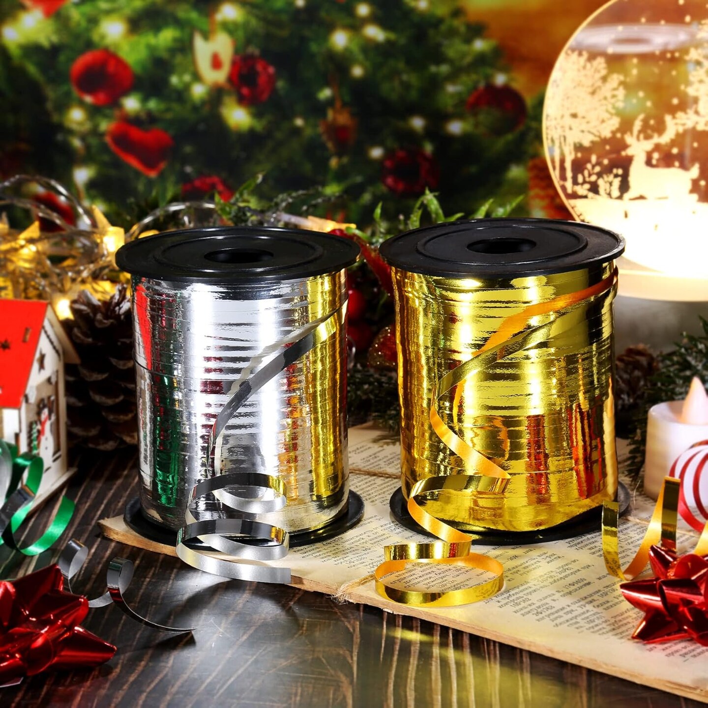 880 Yards Christmas Curling Ribbon Metallic Gold Silver Red Green Shiny Cibbon Set Balloon String Metal Curly Ribbon for Christmas Gift Wrap Craft Holiday Decoration