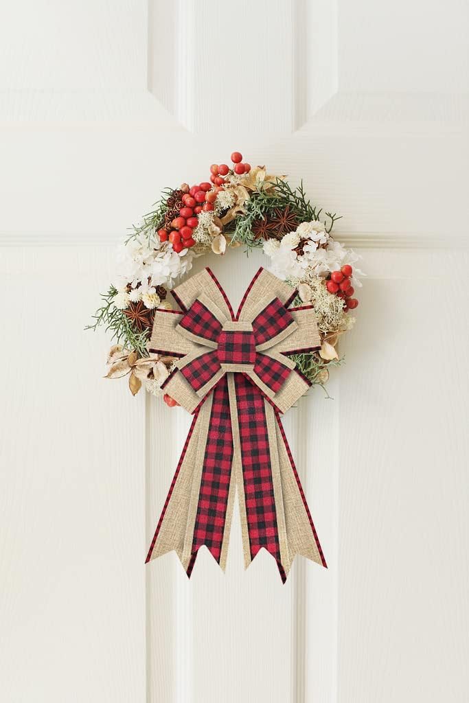 Christmas Wreath Bows Christmas Decor Bow Red Black Buffalo Plaid Burlap Bows for Wreaths, Christmas Ribbon Bows Tree Topper Bows for Christmas Home Indoor Outdoor Decoration Wreath Ornament Supplies