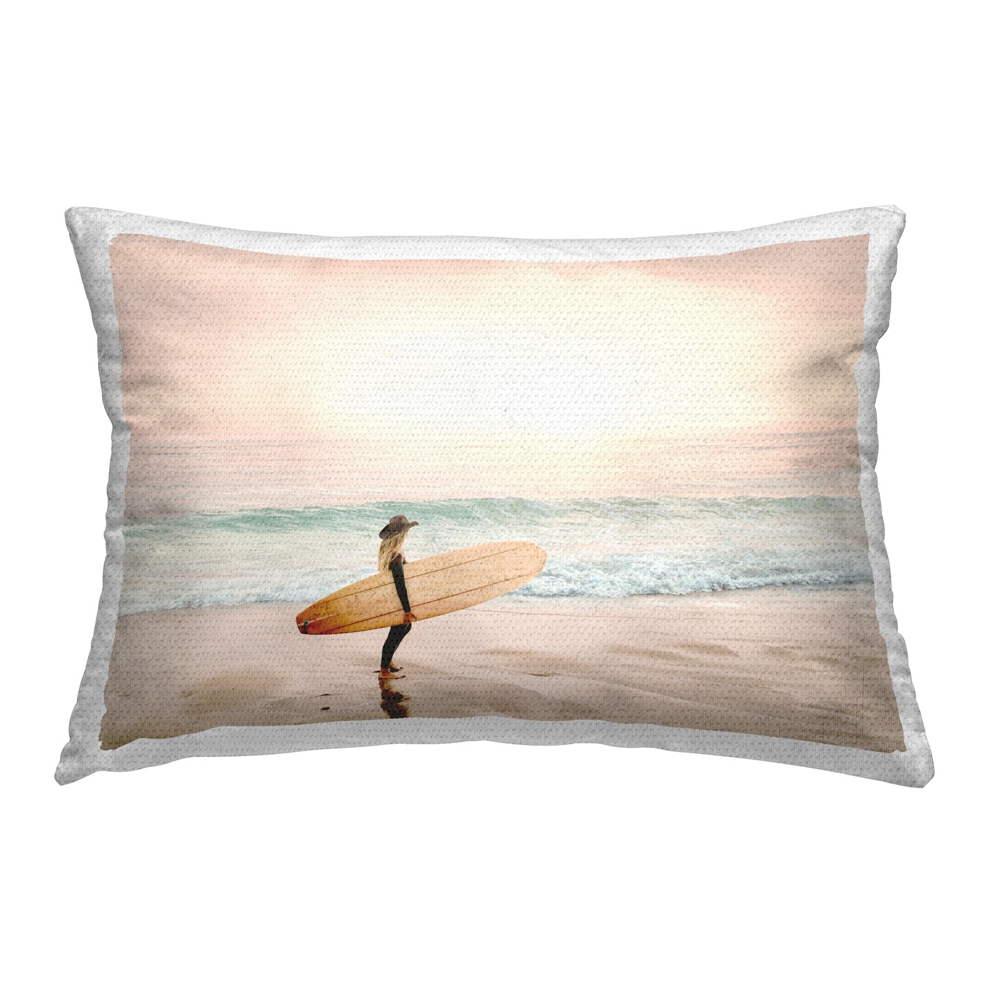 Surfer Cowgirl on Beach Outdoor Printed Pillow Design by Sisi and Seb, 14 x 7 x 20