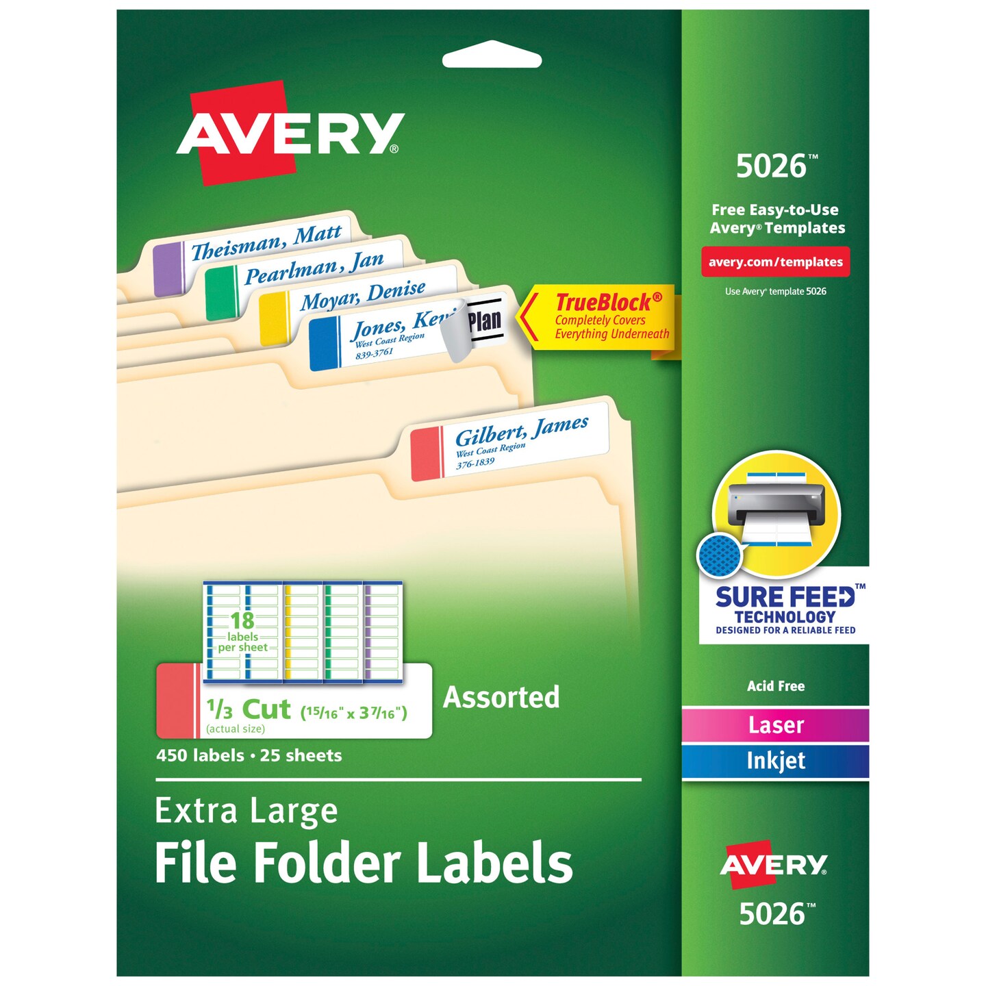 Avery Printable File Folder Labels, 15/16 x 3-7/16 Inches, Assorted Colors, Pack of 450
