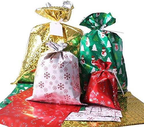 Christmas Gift Bags, 40Pcs Santa Wrapping Gift Bag in 4 Sizes and 4 Designs, with Ribbon Ties and Tags