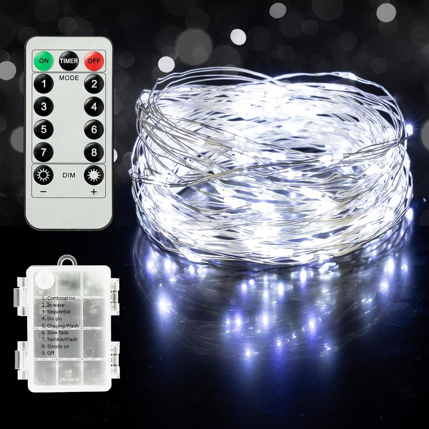 Christmas Fairy Lights Battery Operated, 33ft 100 LED Waterproof Silver Wire String Light, Remote Control & 8 Modes Indoor Outdoor Xmas Tree Wedding Party Decorations, White, 1 Pack