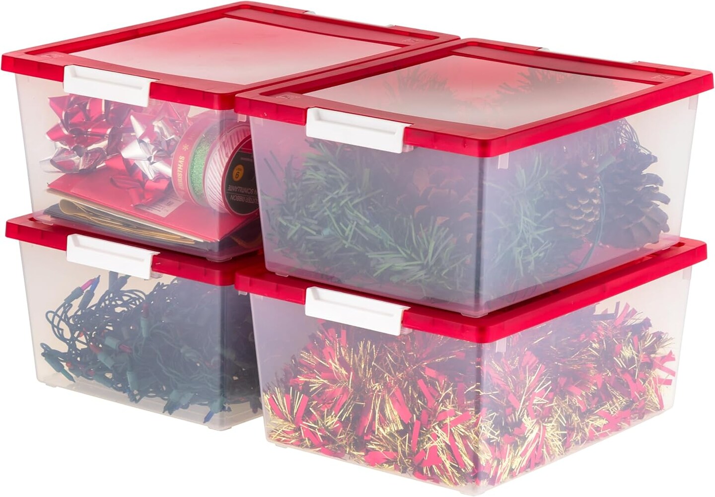 IRIS Christmas Plastic Storage Bins with Lids and Secure Latching Buckles, Holiday Red