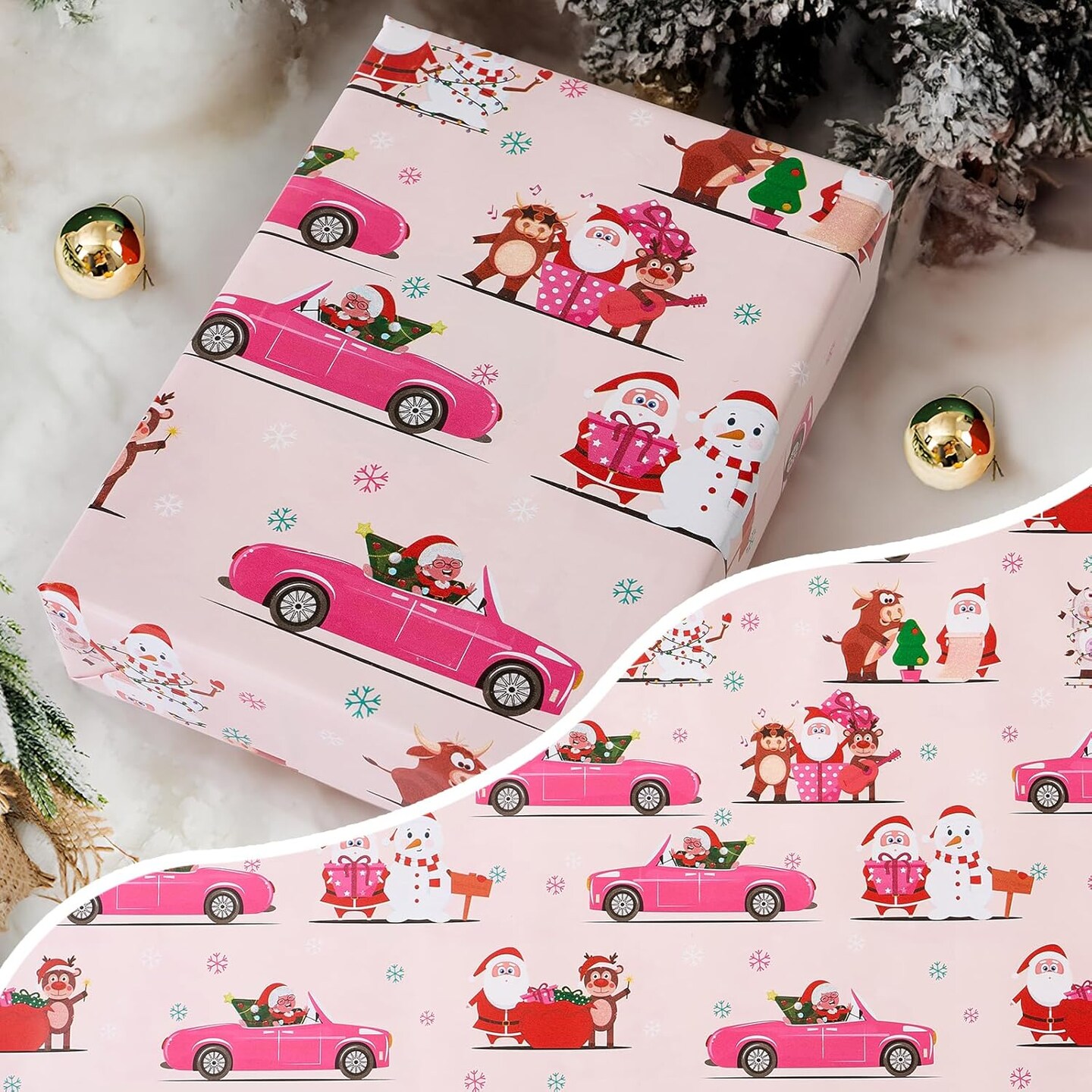 Pink Christmas Wrapping Paper Reversible Mini Roll 17 Inch X 33 Feet, Santa Claus and Christmas Tree Print Wrapping Paper for Kids Gift Wrapping, Christmas Family Party, Christmas Tree Decorations