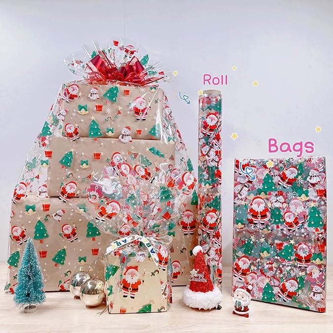 Xmas Cellophane Wrap for Christmas to Wrap Gift Basket, Treat, Wine, Party Decoration. (100ft Long x 16&#x201D; Wide x 2.5Mil)