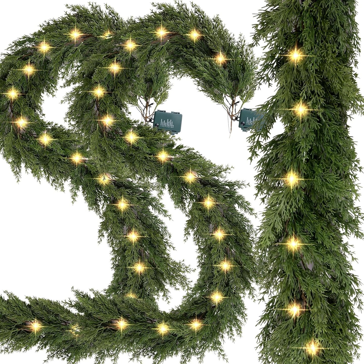 6.2 FT Prelit Christmas Cedar Garland 2 PCS, Realistic Artificial Pine Needle Garland Faux Cypress Greenery Garland with 20 Lights for Christmas Table Mantle Wall Room Outdoor Indoor Winter Decoration