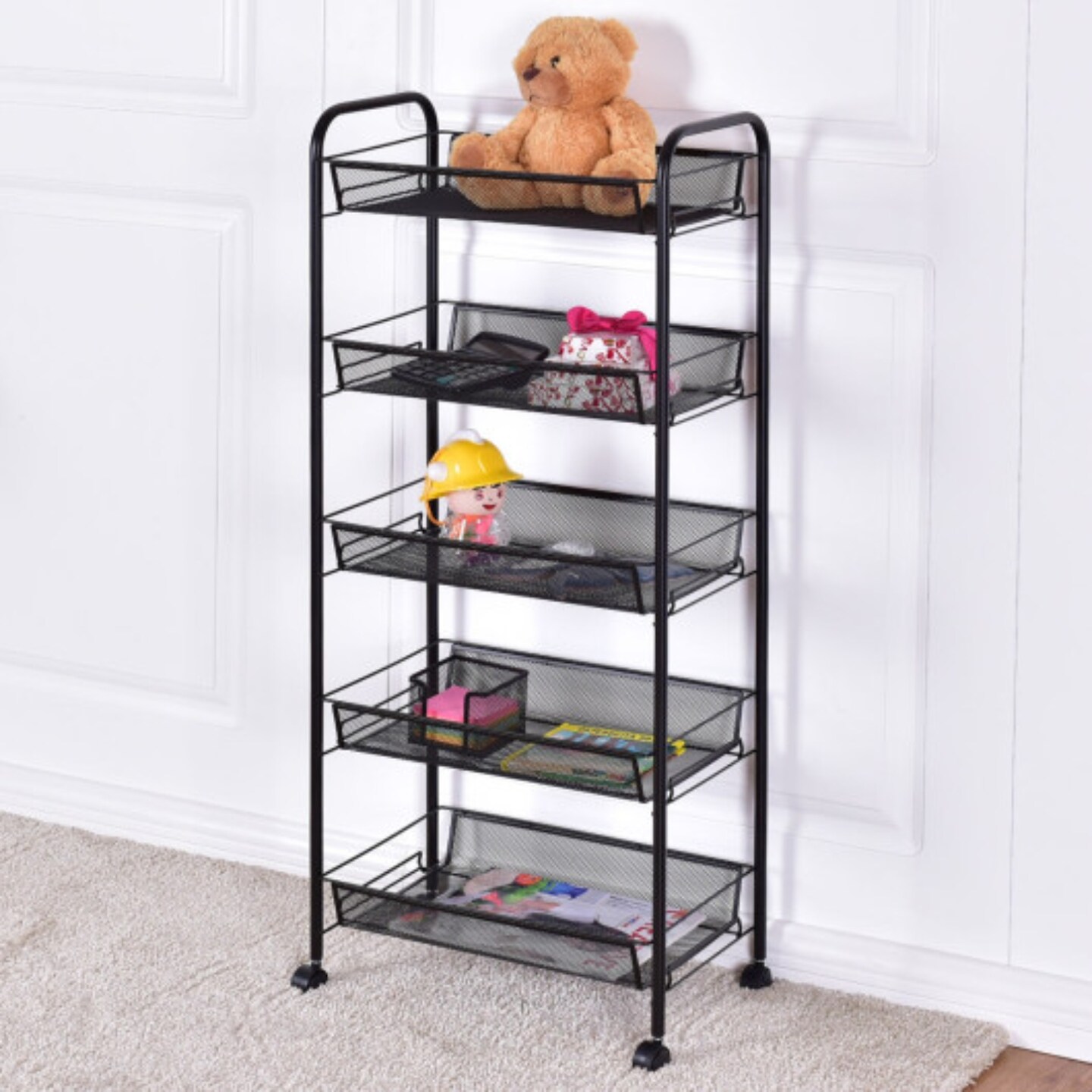 Black Steel 5-Tier Rolling Storage Trolley with Mesh Baskets and Wheels