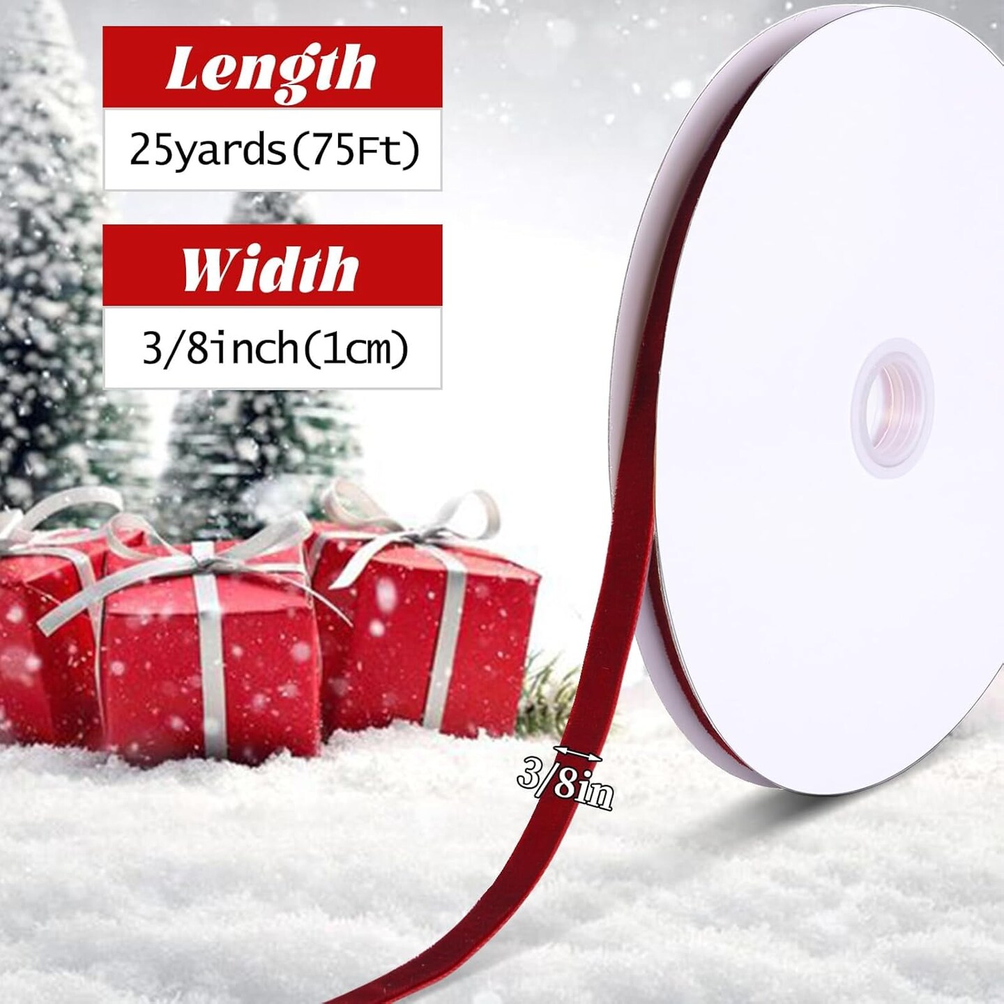 2 Pcs Red Velvet Ribbon 3/8 Inch 50 Yards Single Side Velvet Ribbon Trim Spool for Christmas Decoration Gift Wrapping (Red, 3/8&#x22;-25 Yard)
