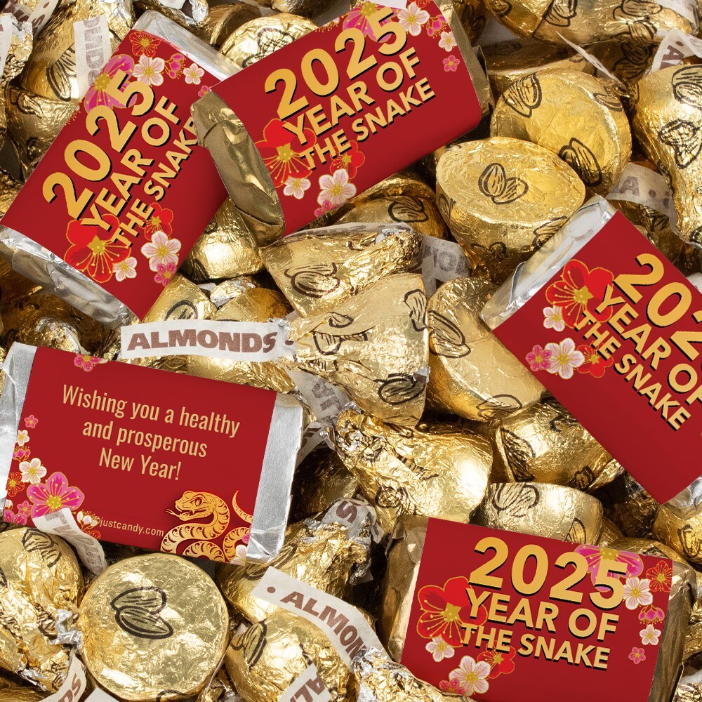 131 Pcs Chinese New Year Candy Party Favors Hershey&#x27;s Miniatures and Gold Almond Kisses Chocolate by Just Candy (1.65 lbs)