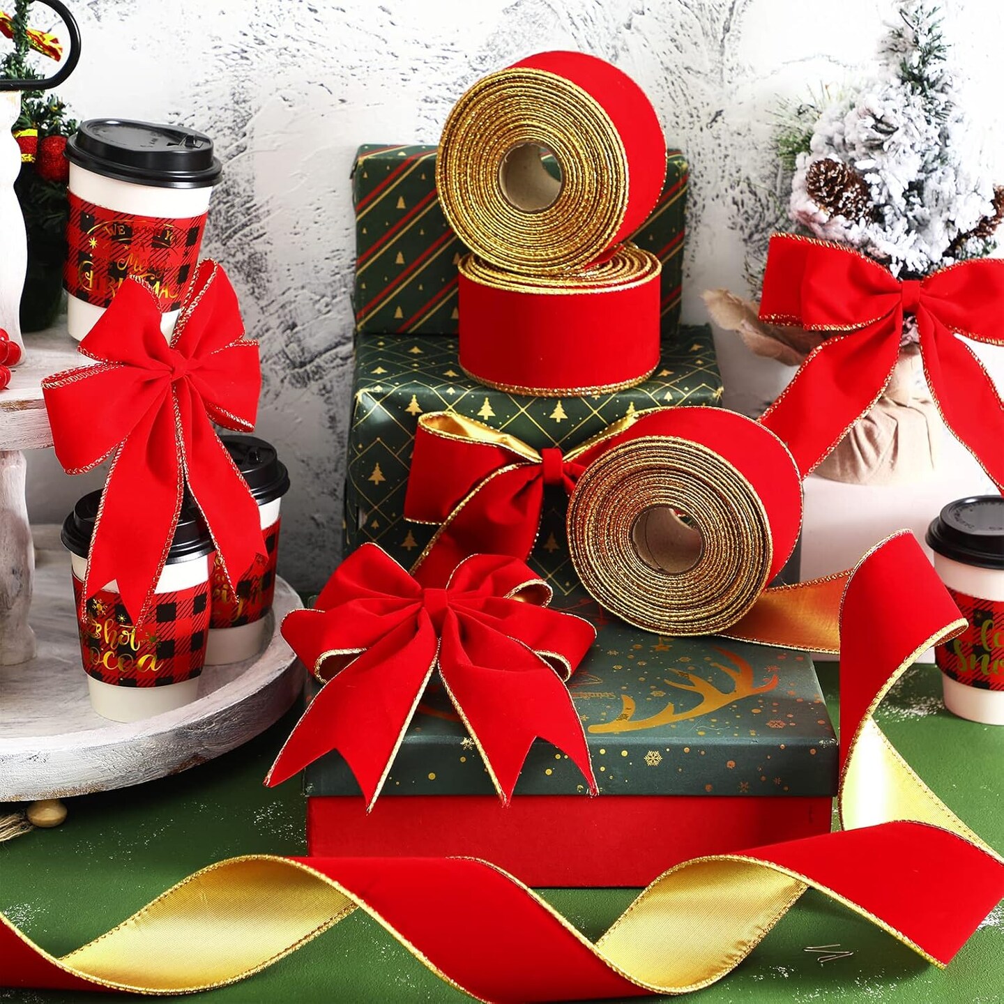 3 Rolls 30 Yards Christmas Red Velvet Ribbon with Gold Edge 2.5 Inch Wide Wired Ribbon Outdoor Ribbon Holiday Decorative Ribbon Fabric Ribbons for Xmas Tree Bow Wreath Making Gift Wrapping Craft