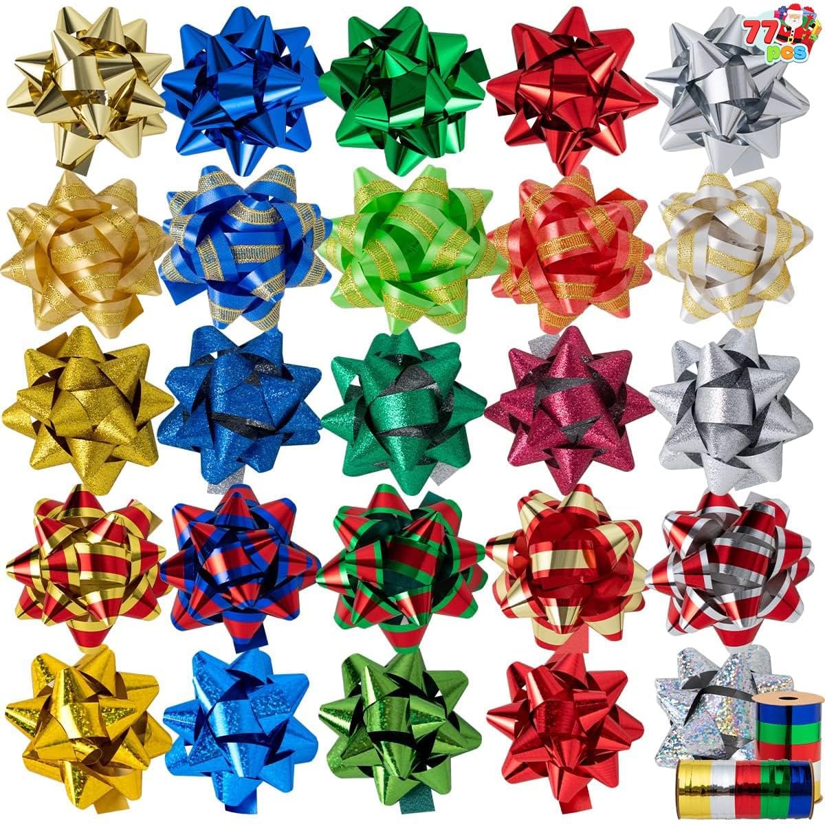 75 PCS 3 Inch Christmas Self Adhesive Gift Bows and 2 Rolls of Christmas Curling Ribbons for Baskets, Wine Bottles Decoration, Gift Wrapping and Decoration Present