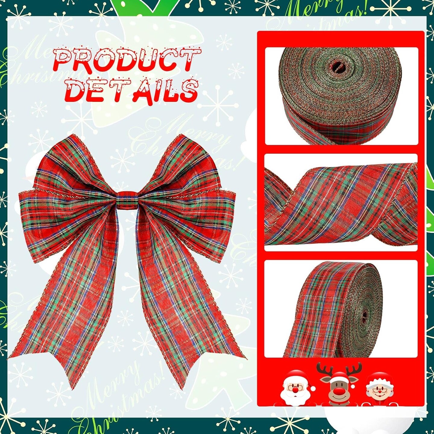 Plaid Christmas Wired Ribbon 2.5 Inches 50 Yard Traditional Red Tartan Plaid Christmas Holiday Ribbon Green Red Gold Plaid with Gold Edge for Garland Home Decor Gift Wrapping DIY Crafts