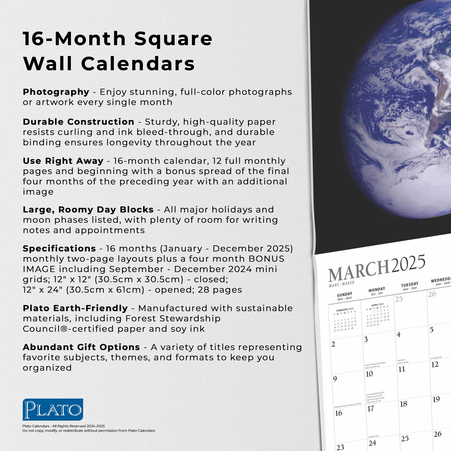 Outer Space | 2025 12 x 24 Inch Monthly Square Wall Calendar | Foil Stamped Cover | Plato | Universe Cosmos Inspiration