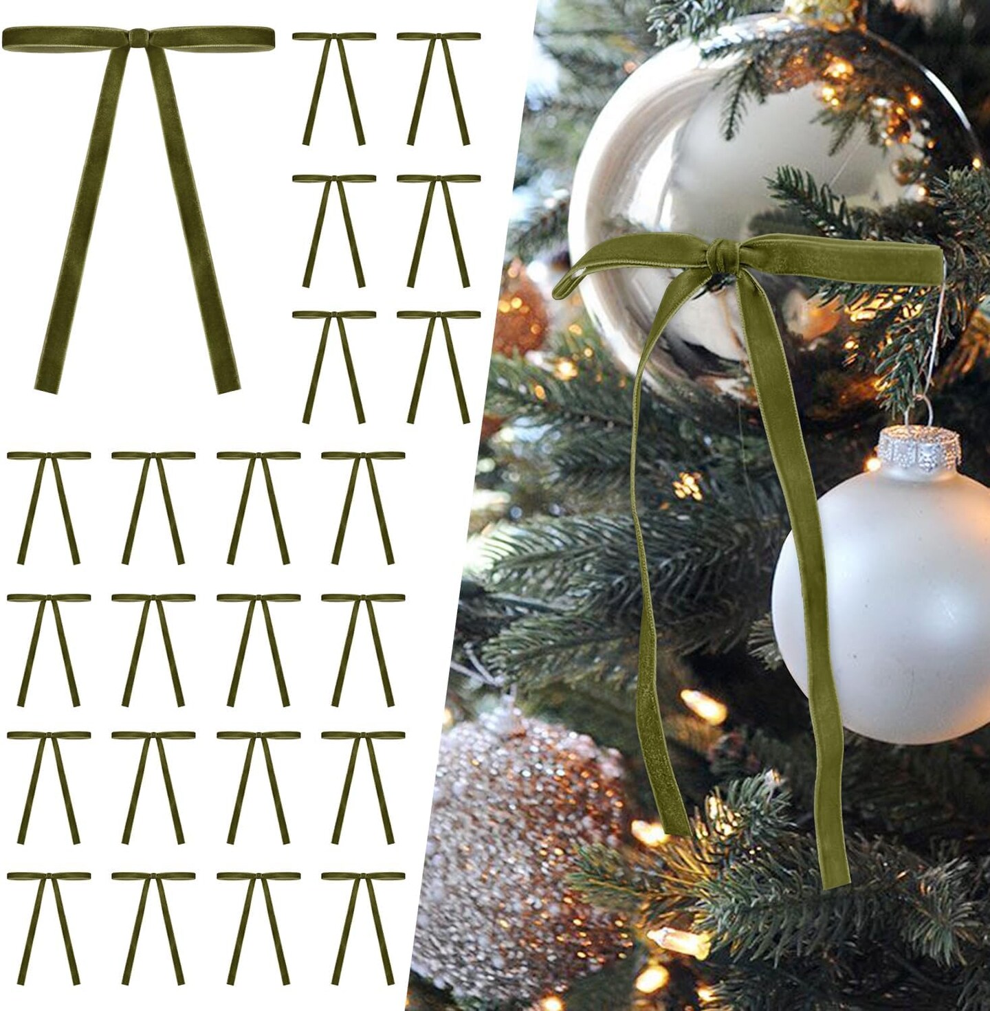24 Pcs Olive Green Velvet Christmas Tree Bows Door Garland Decor Vintage Wreath Bow (3/8&#x27;&#x27; Width, 5 * 7 inch)