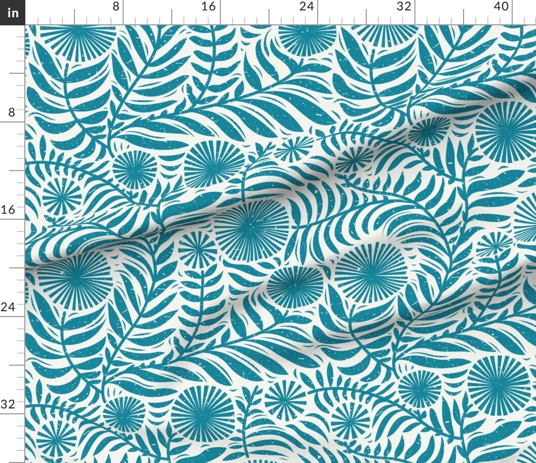 Teal Floral Blue Country Flowers Botanical Block Print Cottagecore Rustic Retro Summer Custom Printed Fabric by Spoonflower Various Fabrics by the Yard or Fat Quarter
