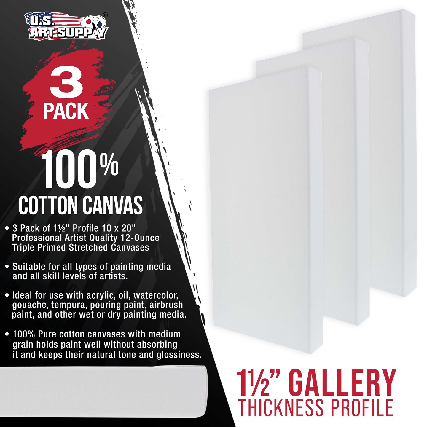 Rectangle Stretched Canvas for Painting 10x20 inch Gallery Depth 1-1/2&#x22; Thick, 3-Pack - 12oz Acrylic Gesso Triple Primed, Professional Artist Quality, 100% Cotton - Oil, Pouring Paint
