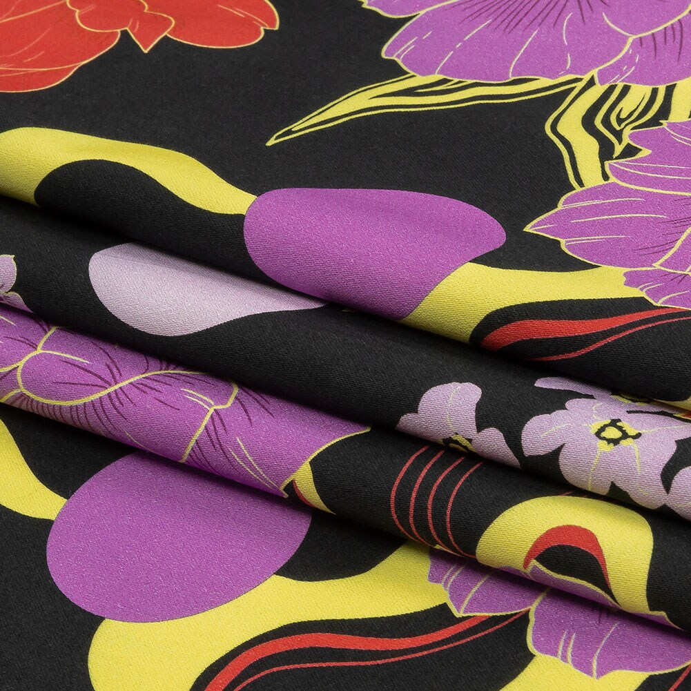 1 Yard Black Red and Purple Floral Japanese Daydreams Stretch Cotton Sateen Fabric