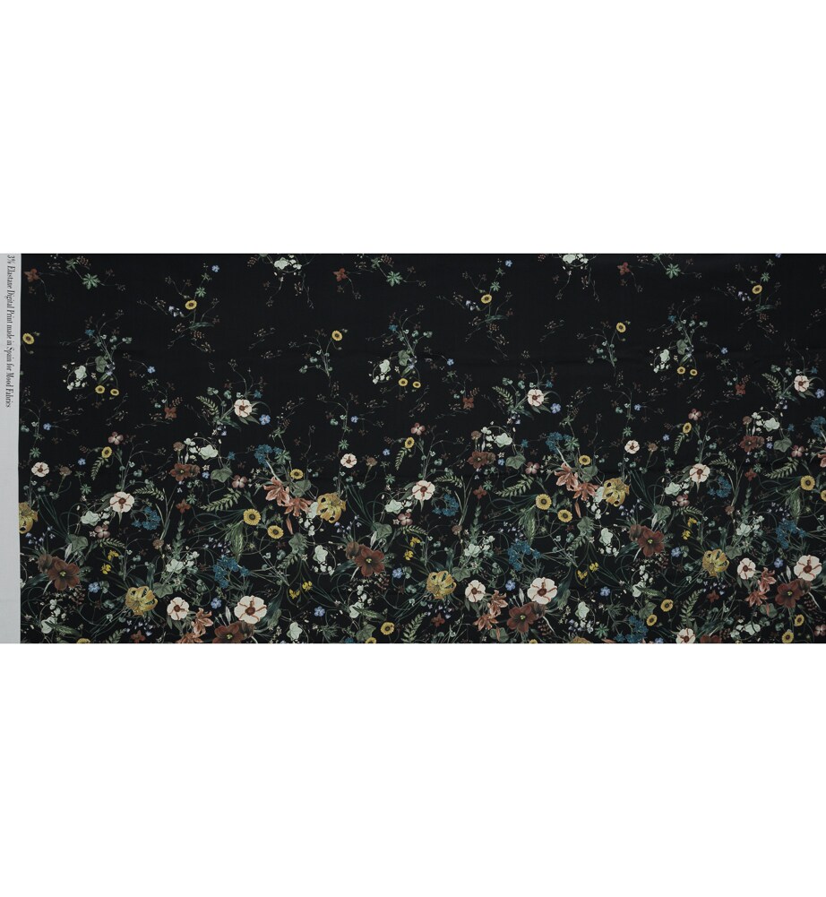 1 Yard Black Floral Persephone Bouquet Stretch Cotton Sateen Fabric