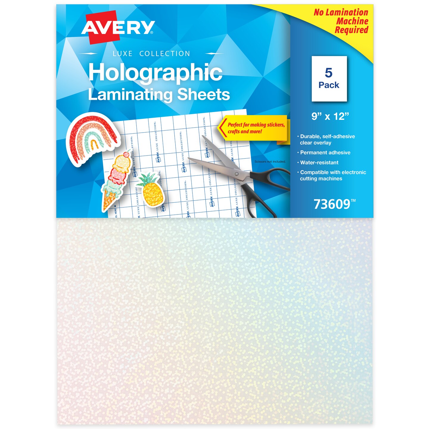 Avery Luxe Collection Holographic Laminating Sheets, Speckled Dots Design, 9&#x22; x 12&#x22;, Self-Adhesive, 5 Holographic Laminate Sheets Total (73609)