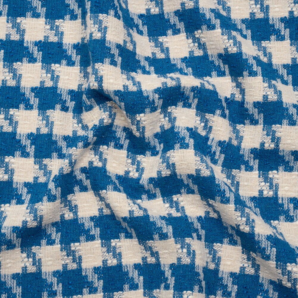 1 Yard Blue and White Houndstooth Cotton Blend Slubbed Woven Fabric