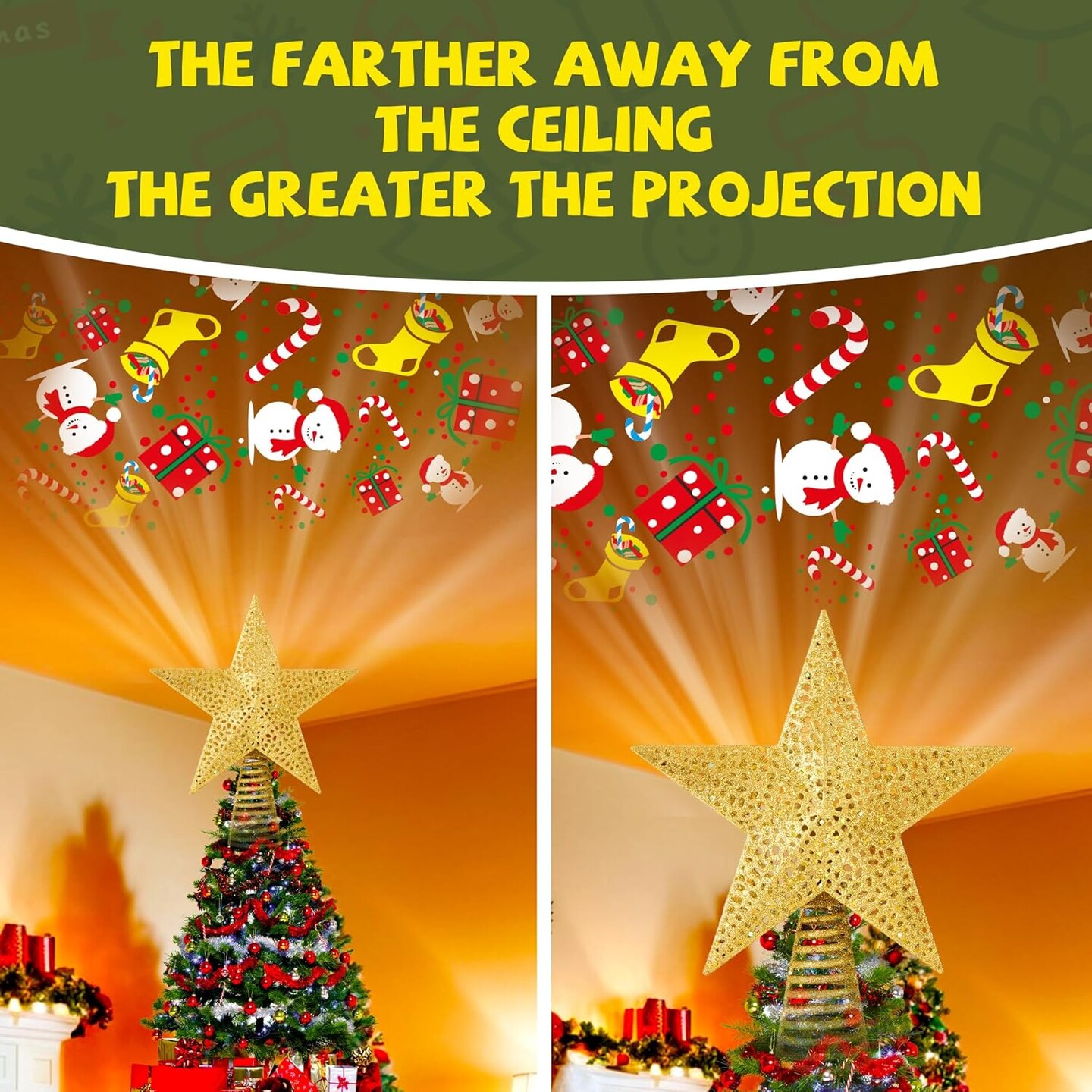 Christmas Tree Star Topper with 6 Switchable Projection Patterns (Gold/White)