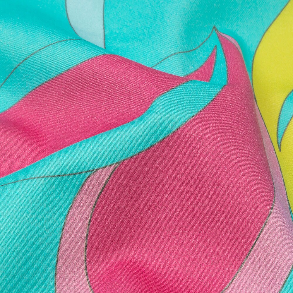 1 Yard Stretch Cotton Sateen Turquoise Pink and Yellow Abstract Paisley Free Falling Print Fabric