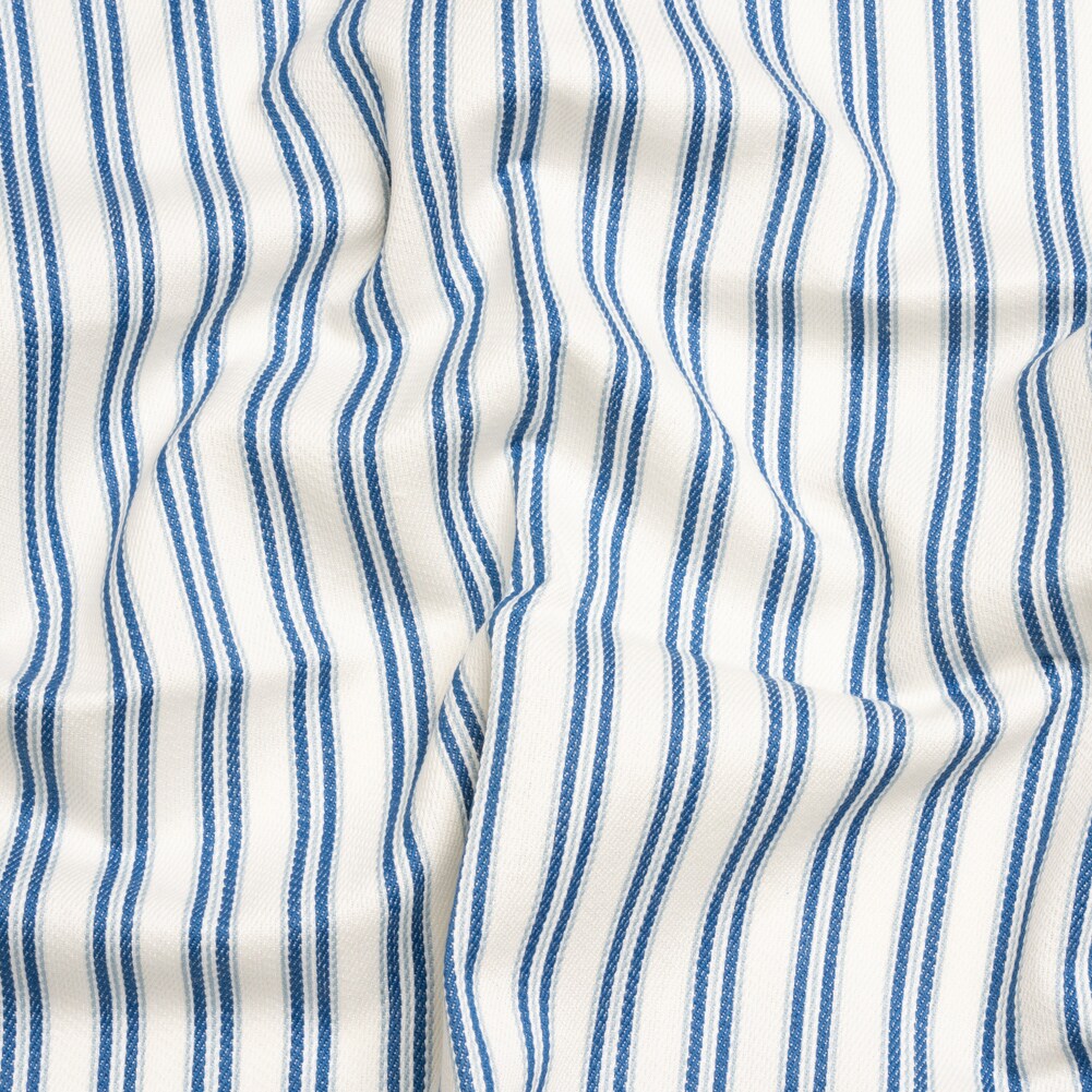 1 Yard White Summer Blue and Sky Blue Modern Ticking Stripes Cotton Twill Fabric