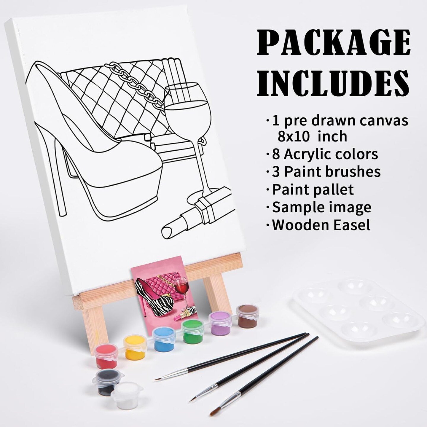 Paint 1 Easel, 8 Acrylic Colors,3 Brush,1 Pallet Girl High Heel Glass Bag Lipstick Art Set(8x10)