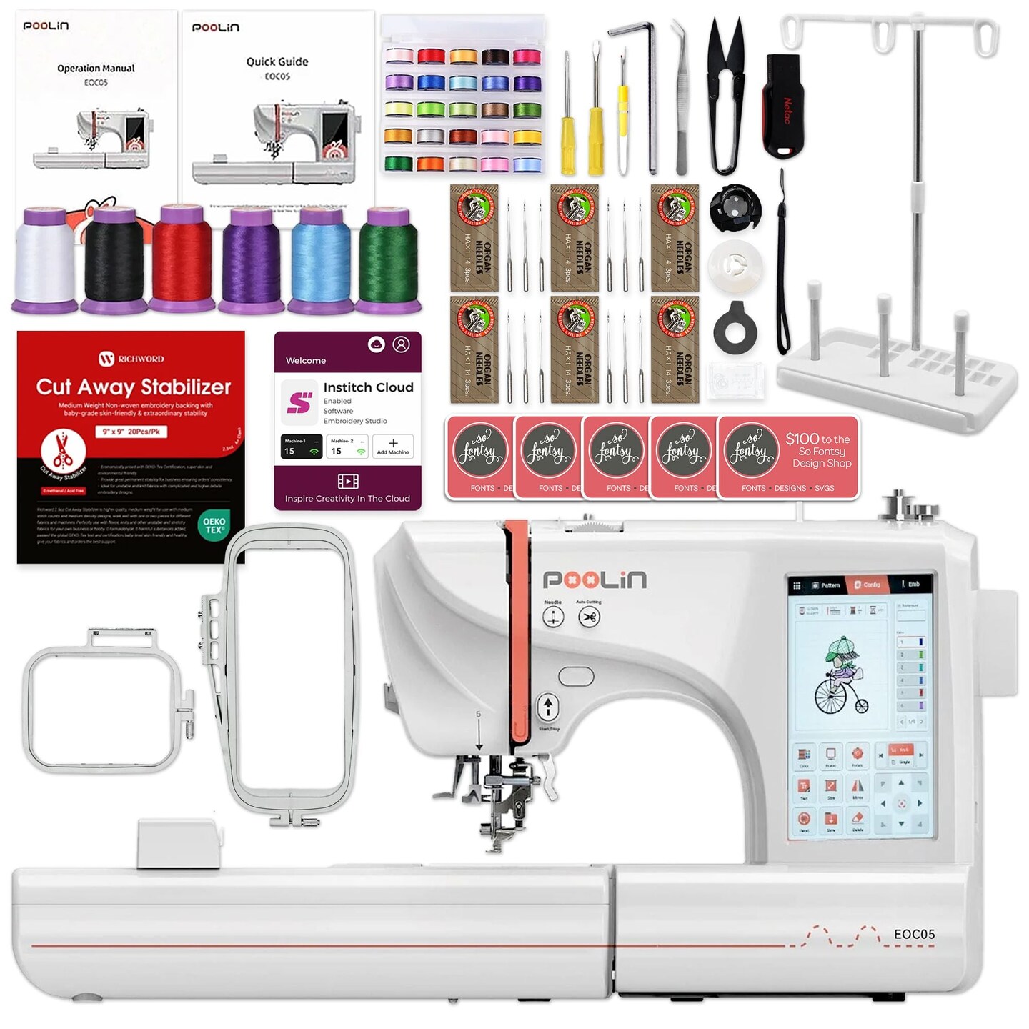 POOLIN EOC05 4in x 9.2in Computerized Embroidery Machine Base Bundle