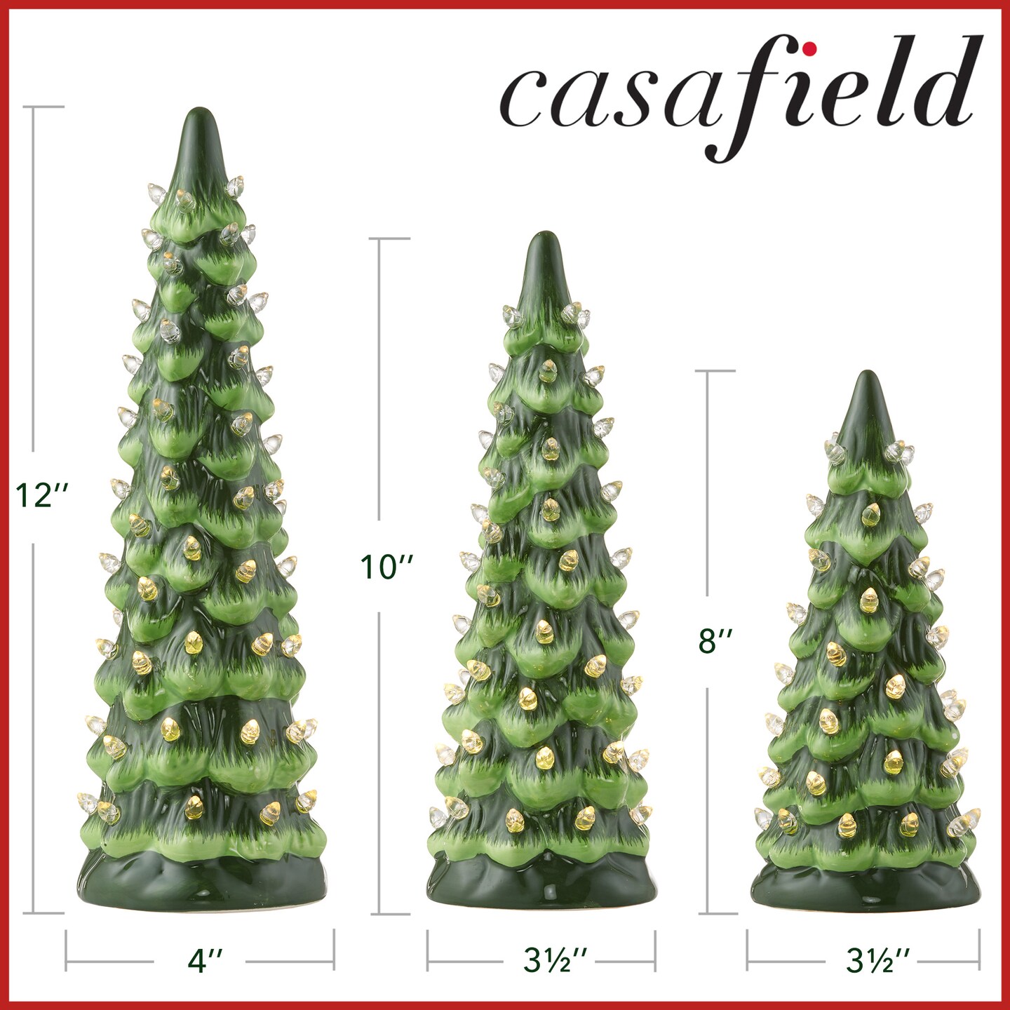 Casafield Set of 3 Hand Painted Ceramic Christmas Tree - Pre-Lit 8, 10, 12-Inch Trees with Lights