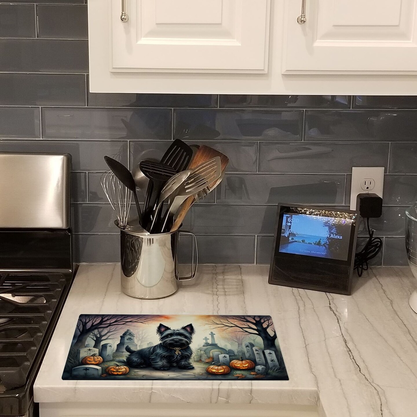 Edge Collections - 15" x 12" - Multicolor - Glass Cutting Board Scottish Terrier Halloween Design - 1 Piece