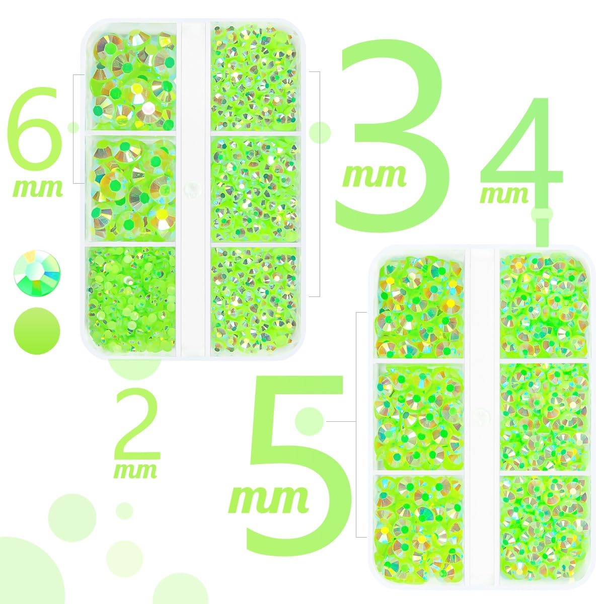 qiipii Light Green AB Resin Rhinestones for Crafting Fluroscent Green Flatback Jelly Stones 2mm 3mm 4mm 5mm 6mm Diamonds Gems for Face Eyes Makeup Tumblers Mugs Bottles DIY Crafts Clothes Shoes Phones