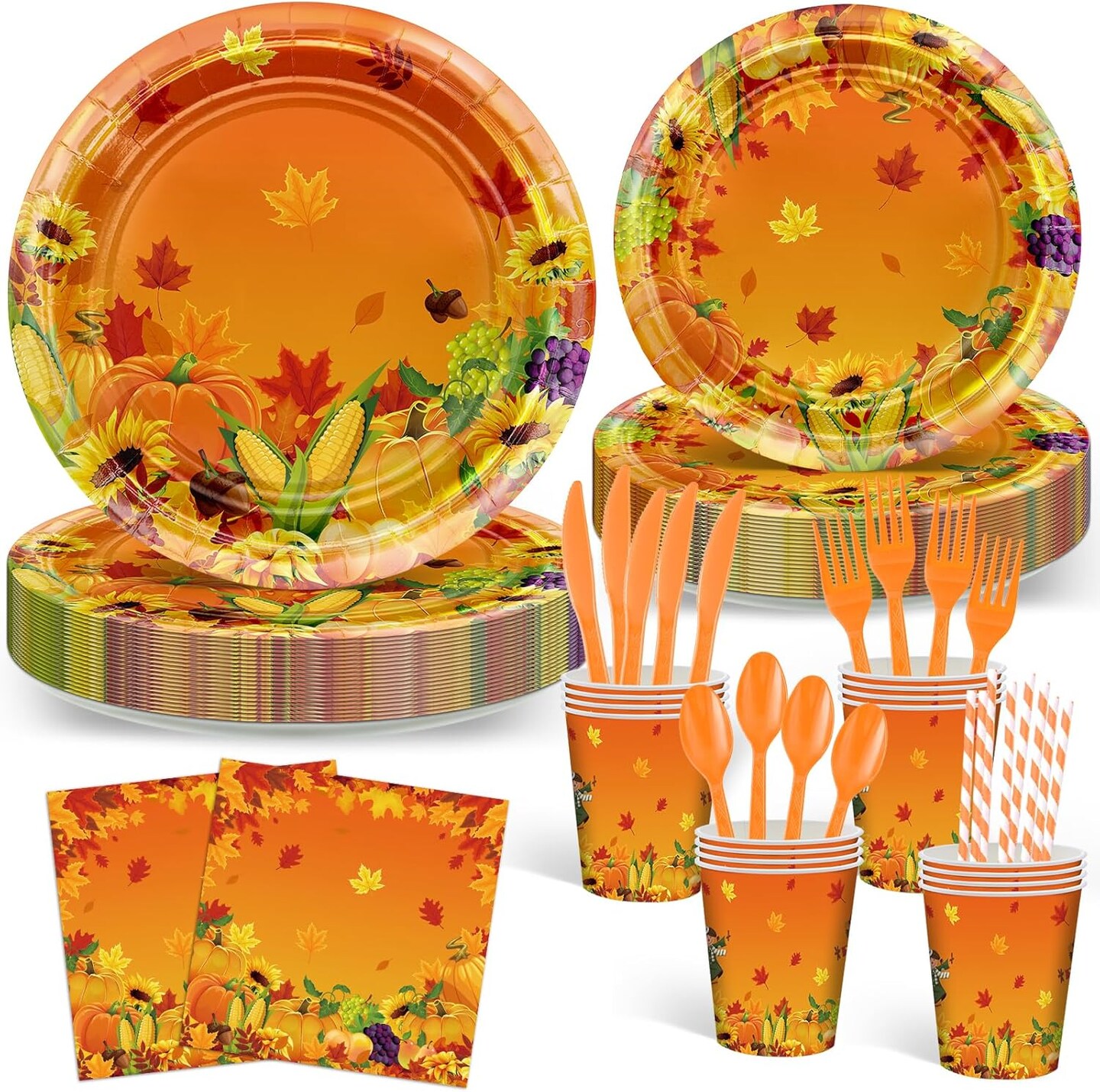 192 Pcs Fall Thanksgiving Party Plates and Napkins (Orange)