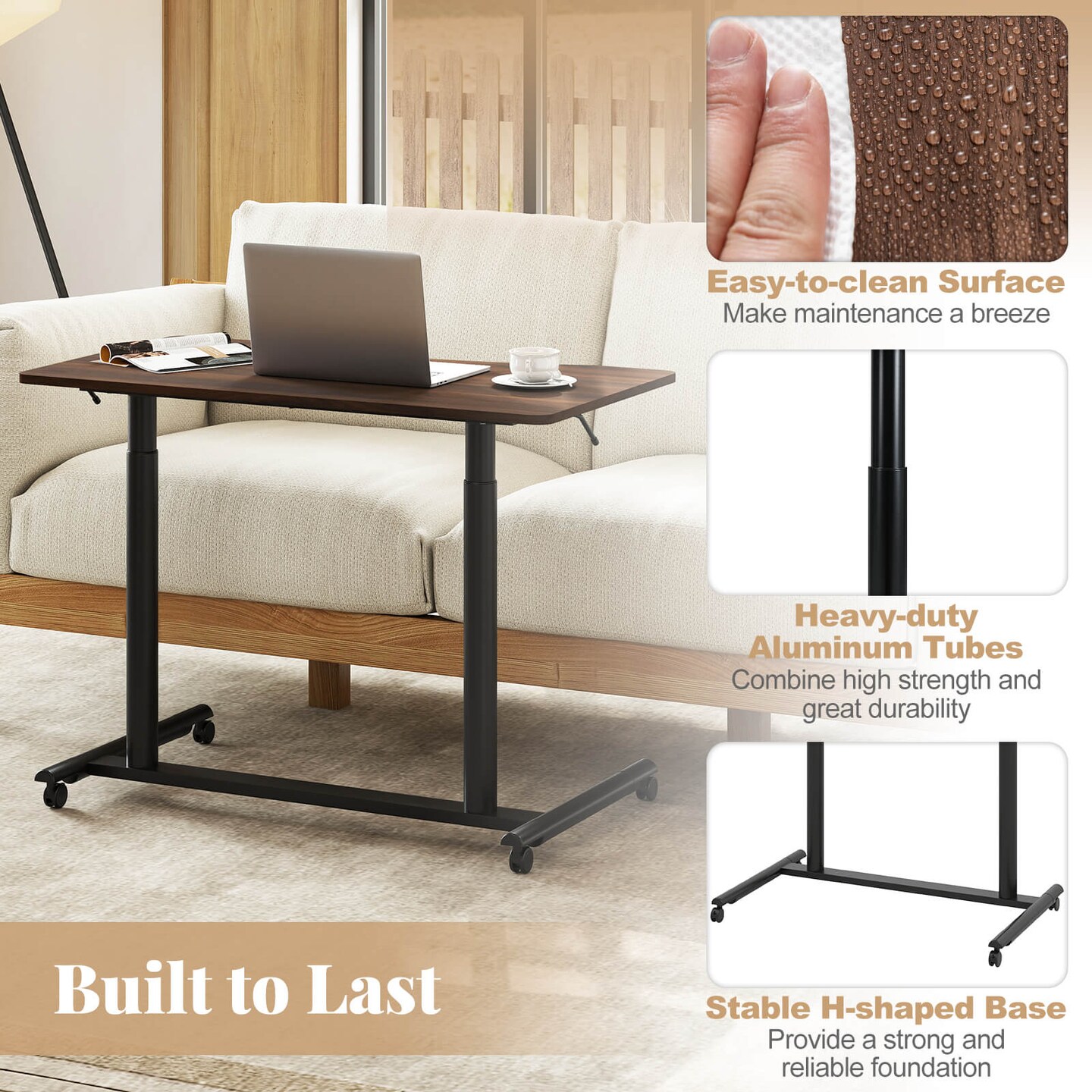 Goplus Height Adjustable Computer Desk Sit Stand Rolling Notebook Table Natural\Brown\Black