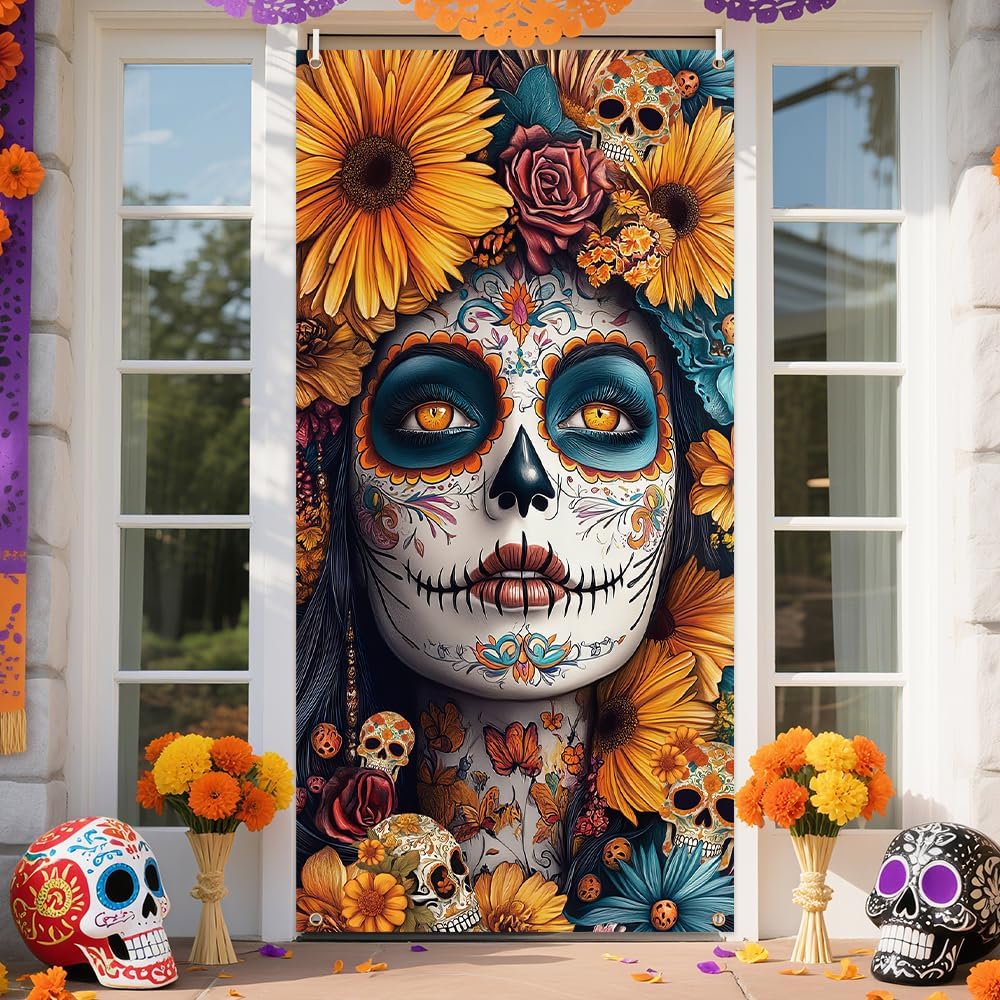 Day of The Dead Door Cover Dia De Los Muertos Backdrop (Gothic) 70&#x22;L x 35&#x22;W