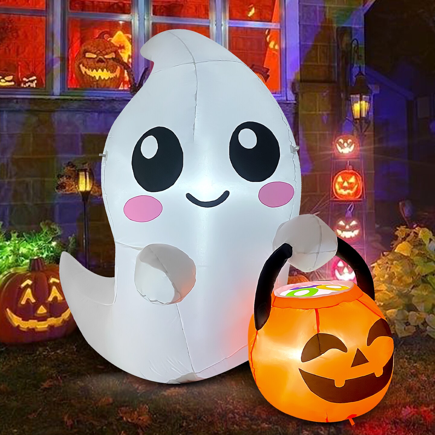 GOOSH 5FT Inflatable Cute Ghost with Pumpkin Bucket &#x2013; Light-Up Halloween Yard Decoration