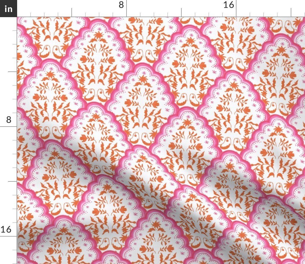 Chinoiserie Scallop Grandmillenial Paisley Pink Orange Block Print French Country Custom Printed Fabric by Spoonflower Various Fabrics by the Yard or Fat Quarter