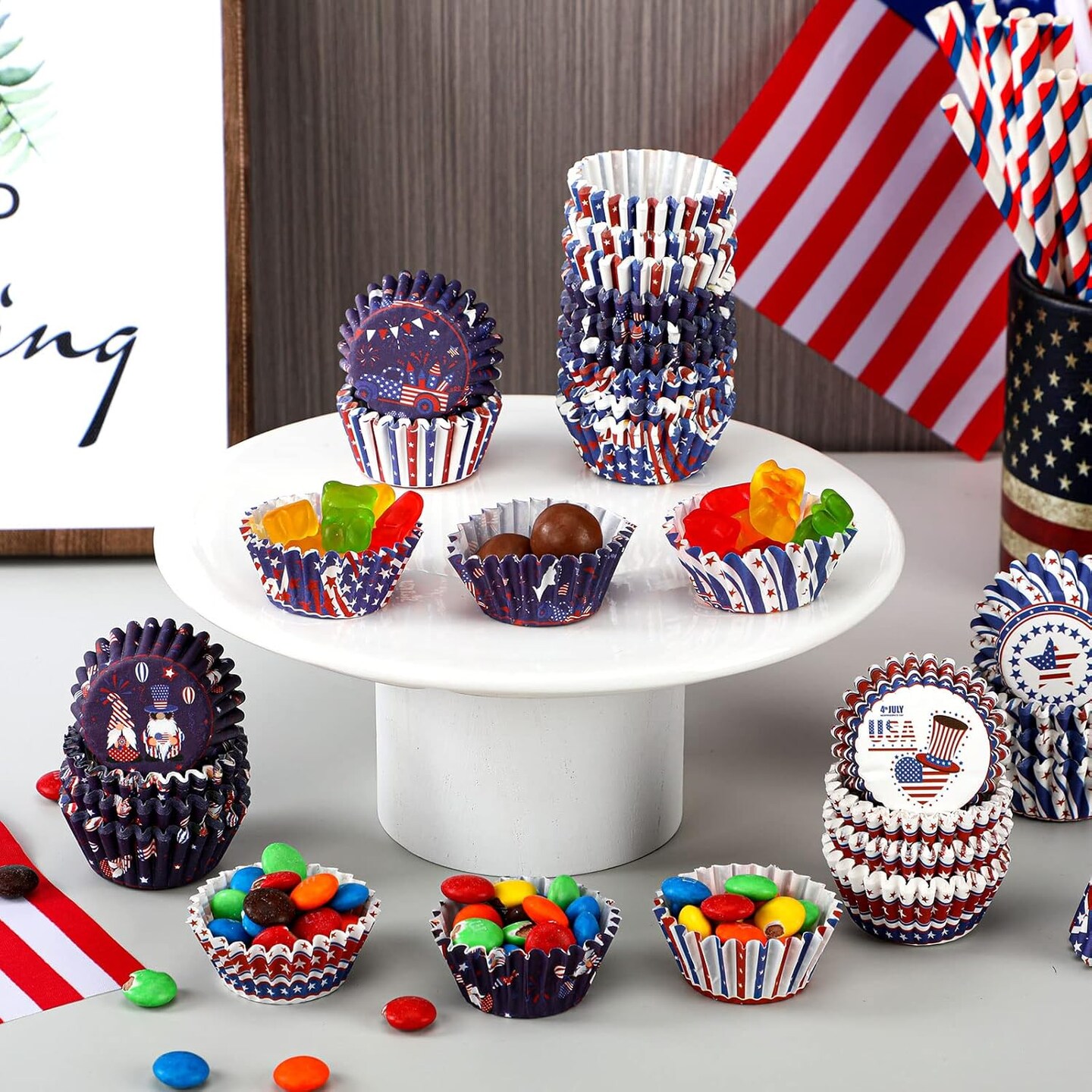 600 Count Patriotic Mini Cupcake Liners - Red White and Blue Candy Cups for Independence Day, 6 Styles of Star, Flag & Gnome Baking Supplies - Mini Muffin Wrappers for July 4th, Memorial Day Party