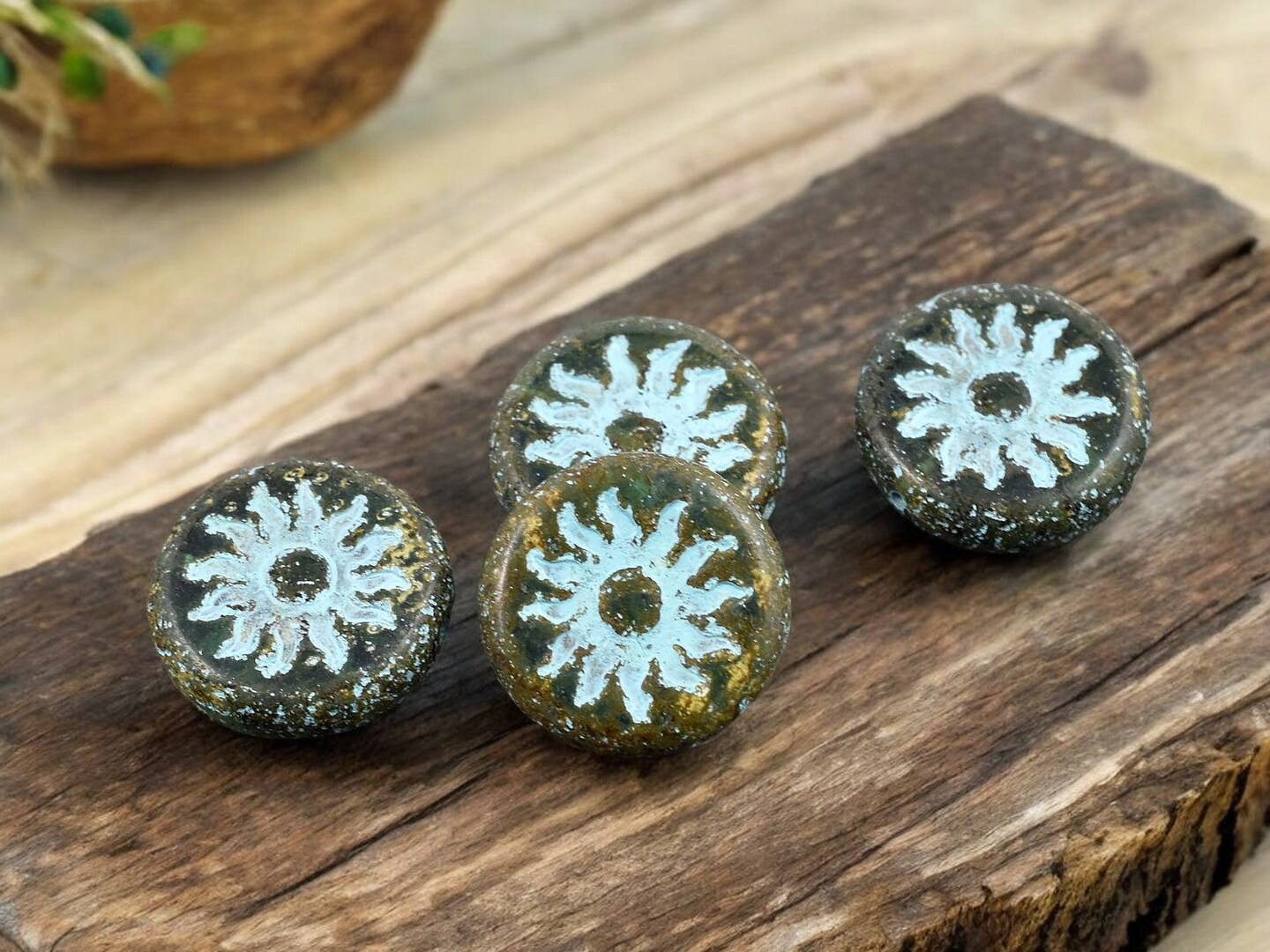 *2* 21mm Turquoise Washed Green Aqua Picasso Sun Design Coin Beads