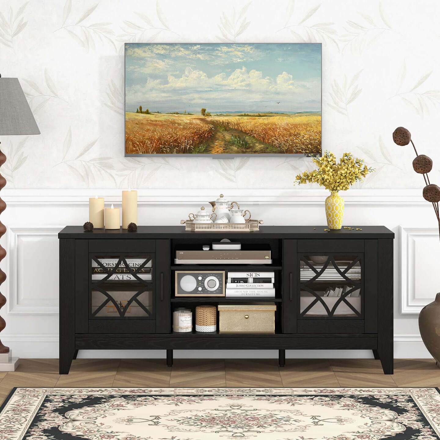 Costway TV Stand for TVs up to 65" with 3-Position Adjustable Shelves Tempered Glass Doors Black/Teal Blue