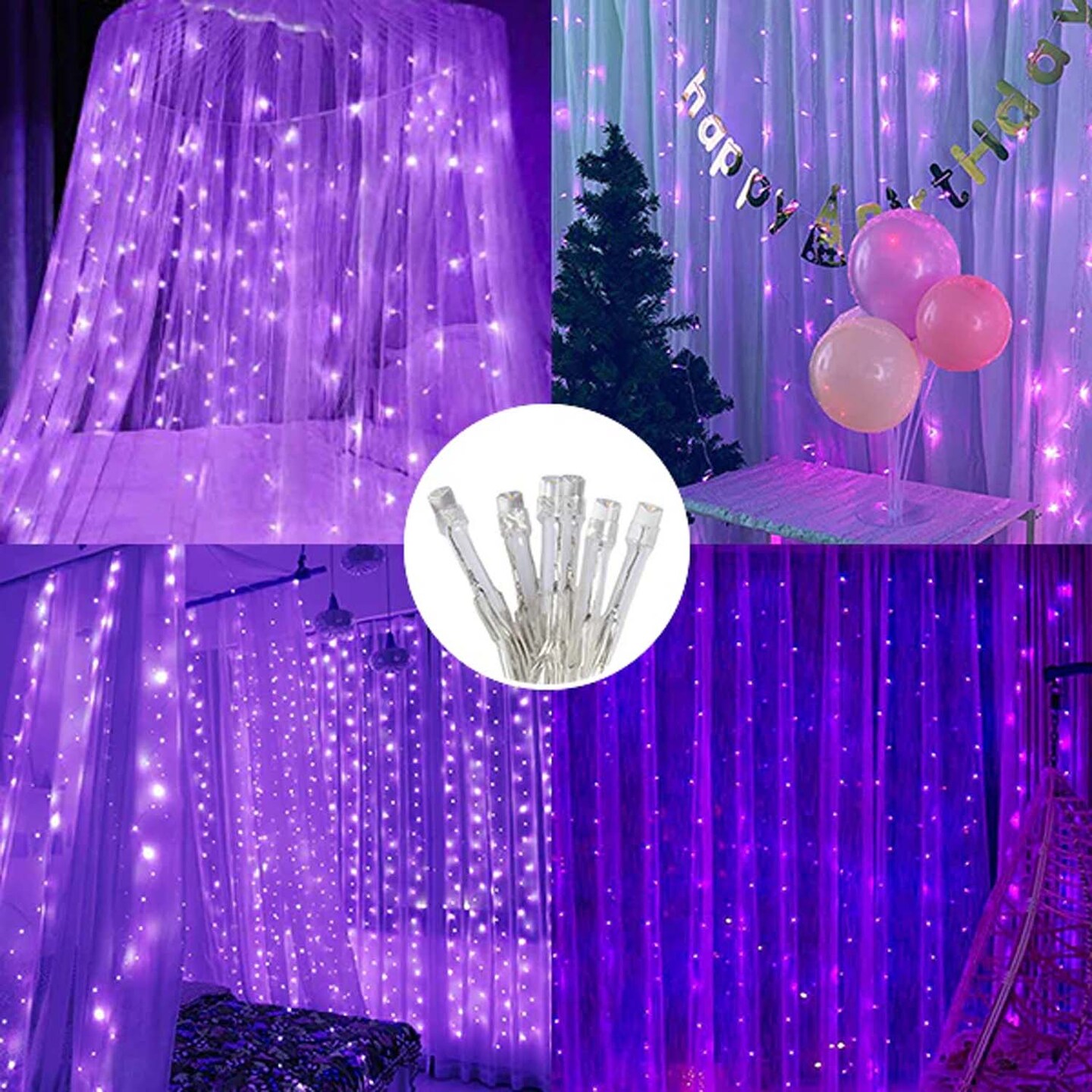 300 LED Curtain String Lights Purple with Remote Control For Christmas