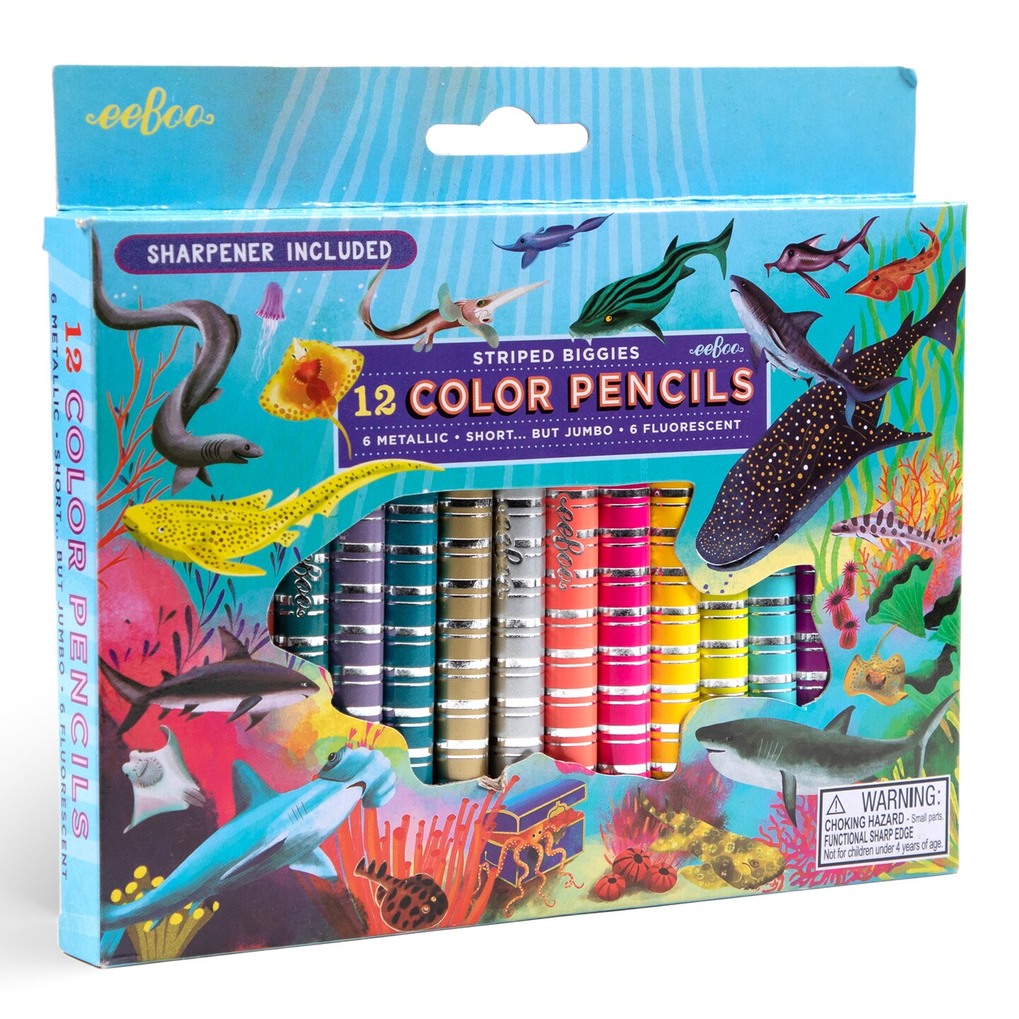 eeBoo: Striped Biggies 12 Color Pencils: Shark - 12pc Set w/ 6 Fluorescent &#x26; 6 Metallic Colors, Includes Sharpener, Art Supplies, Kids Ages 4+
